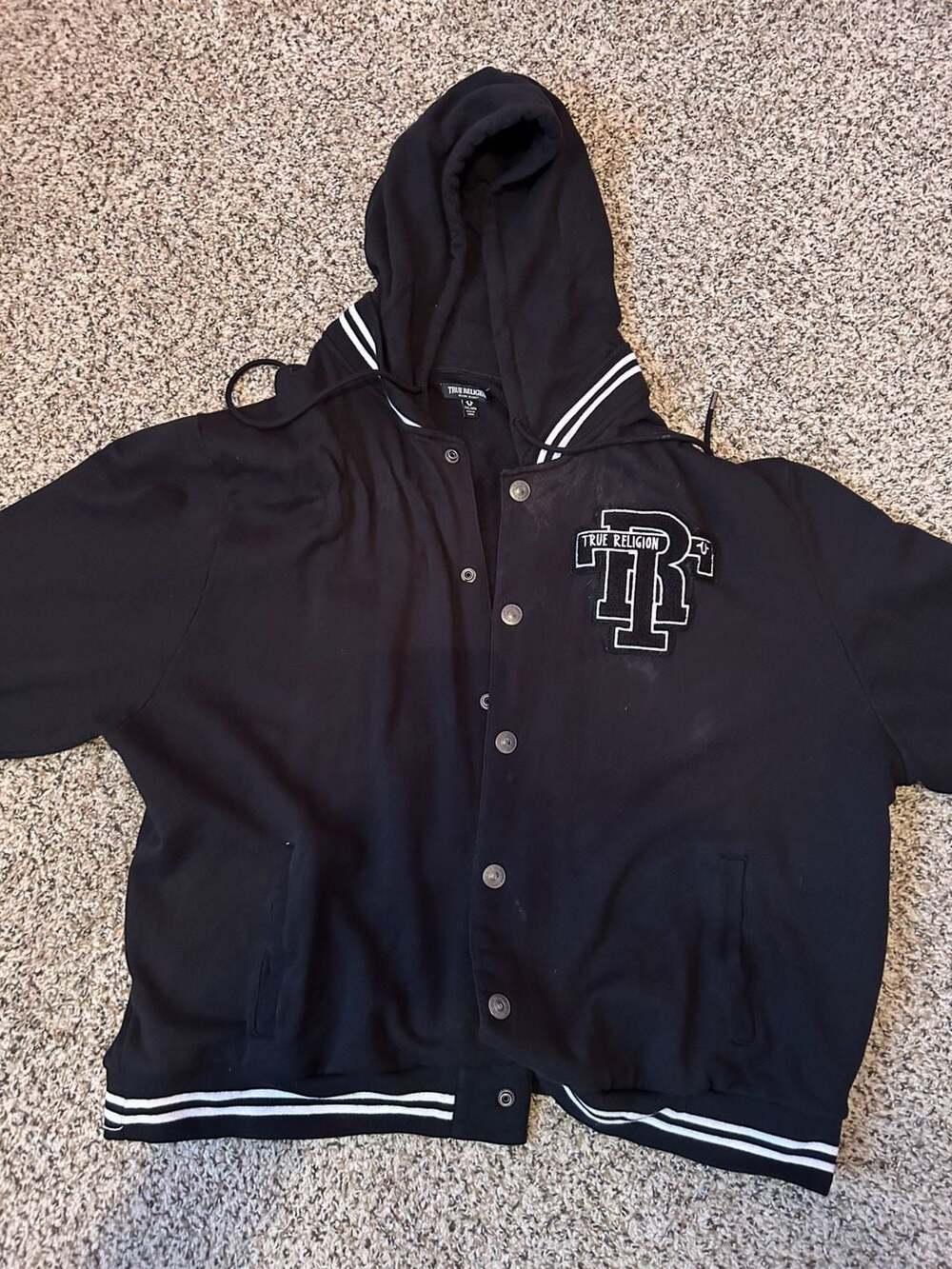 True Religion Varsity Hoodie Jacket Size L Black TR Logo